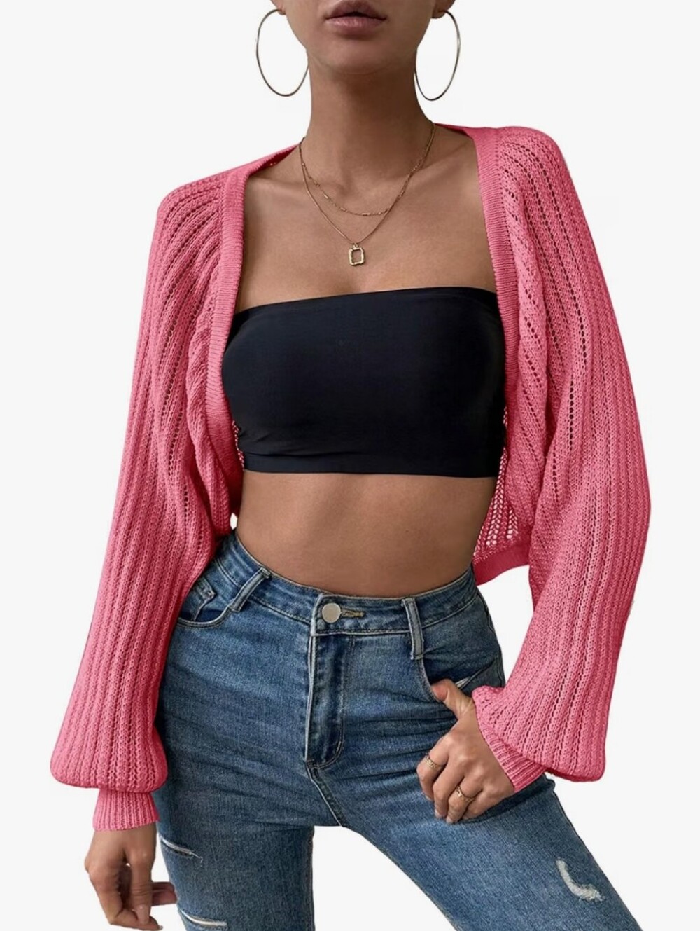 Pink Open-Knit Cropped Cardigan Sweater